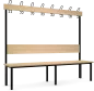 Preview: Einseitige Sitzbankgarderobe mit Sitzauflagen, Rückenlehne und Hackenleiste aus Buchenholzleisten, Ausführung ohne Schuhrost